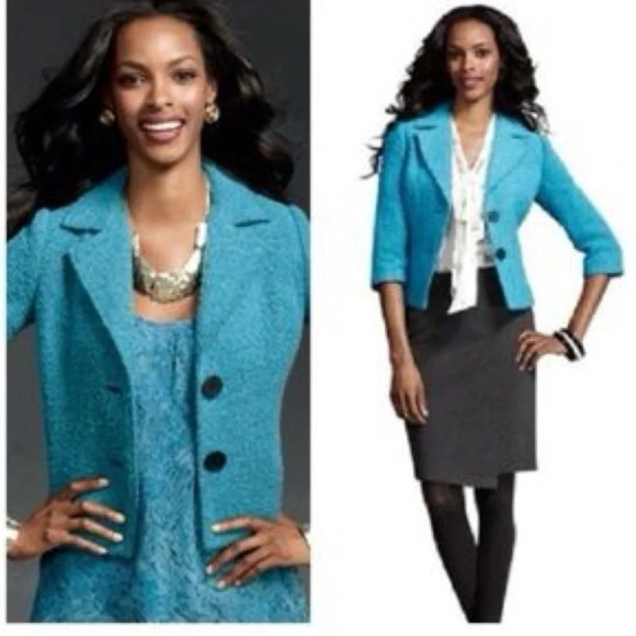 CAbi 186 Jacket Blazer Teal Turquoise Blue Boucle Tweed Wool Blend Size 6 Small - Picture 8 of 8